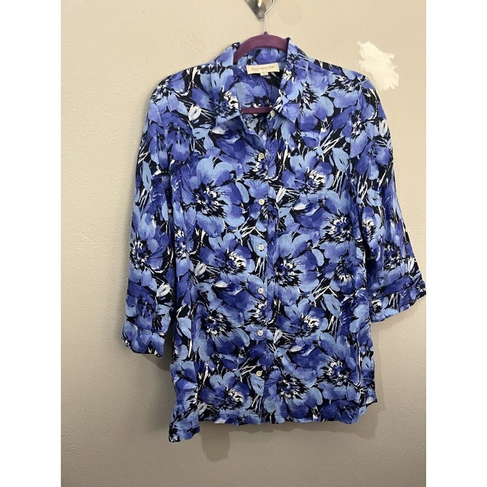 Jones New York Linen Button Up Shirt Floral Blue Women Large